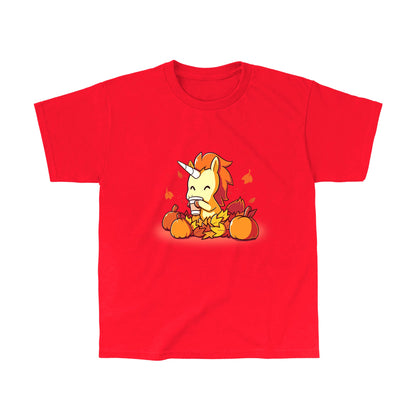 Classic Cotton T-shirt_TeeTurtle red Pumpkin Spice Unicorn. Featuring a unicorn drinking pumpkin spice coffee surrounded by pumpkins and falling leaves.