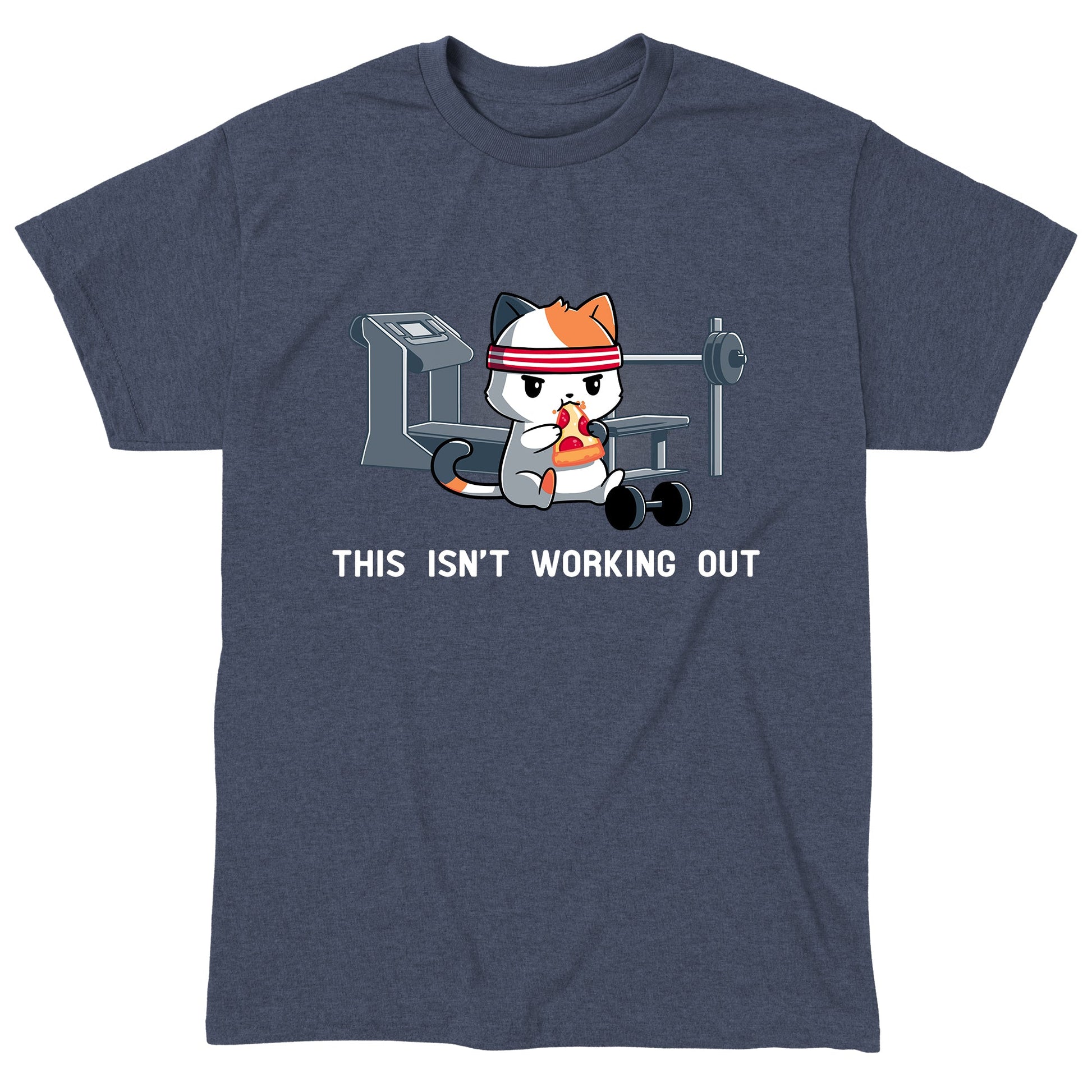 Classic Cotton T-shirt_Teeturtle This Isn't Working Out heather navy t-shirt featuring a cat wearing a headband, eating pizza in a gym with exercise equipment in the background. The text "This Isn't Working Out" is written below.