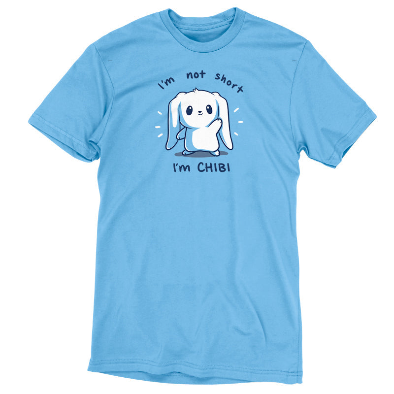 Premium Cotton T-shirt_TeeTurtle I'm Not Short, I'm Chibi! light blue t-shirt featuring a white bunny with long floppy ears waving. "I'm not short" is written on top, and "I'm CHIBI" is written underneath.
