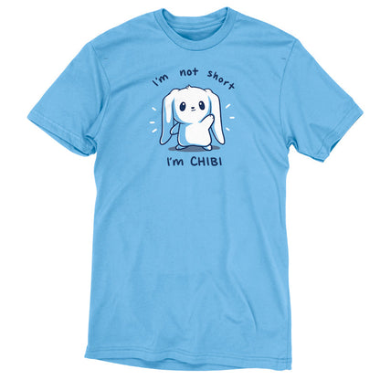 Premium Cotton T-shirt_TeeTurtle I'm Not Short, I'm Chibi! light blue t-shirt featuring a white bunny with long floppy ears waving. "I'm not short" is written on top, and "I'm CHIBI" is written underneath.