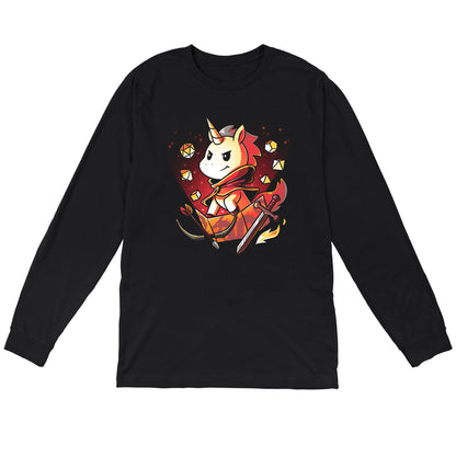 Long Sleeve T-shirt_TeeTurtle Dungeons & Unicorns black t-shirt featuring a unicorn dungeon master surrounded by tabletop gaming dice and weapons.