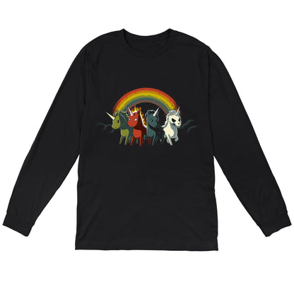 Long Sleeve T-shirt_TeeTurtle black Four Unicorns of the Apocalypse. Featuring four apocalyptic unicorns with a rainbow in the background.