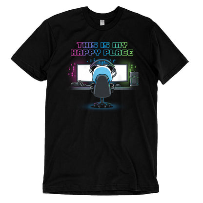 Premium Cotton T-shirt_Illustration of a person sitting at a computer desk with multiple monitors, wearing a headset and a black apparel. Above them, text reads "My Rig is My Happy Place" by monsterdigital in colorful neon letters.