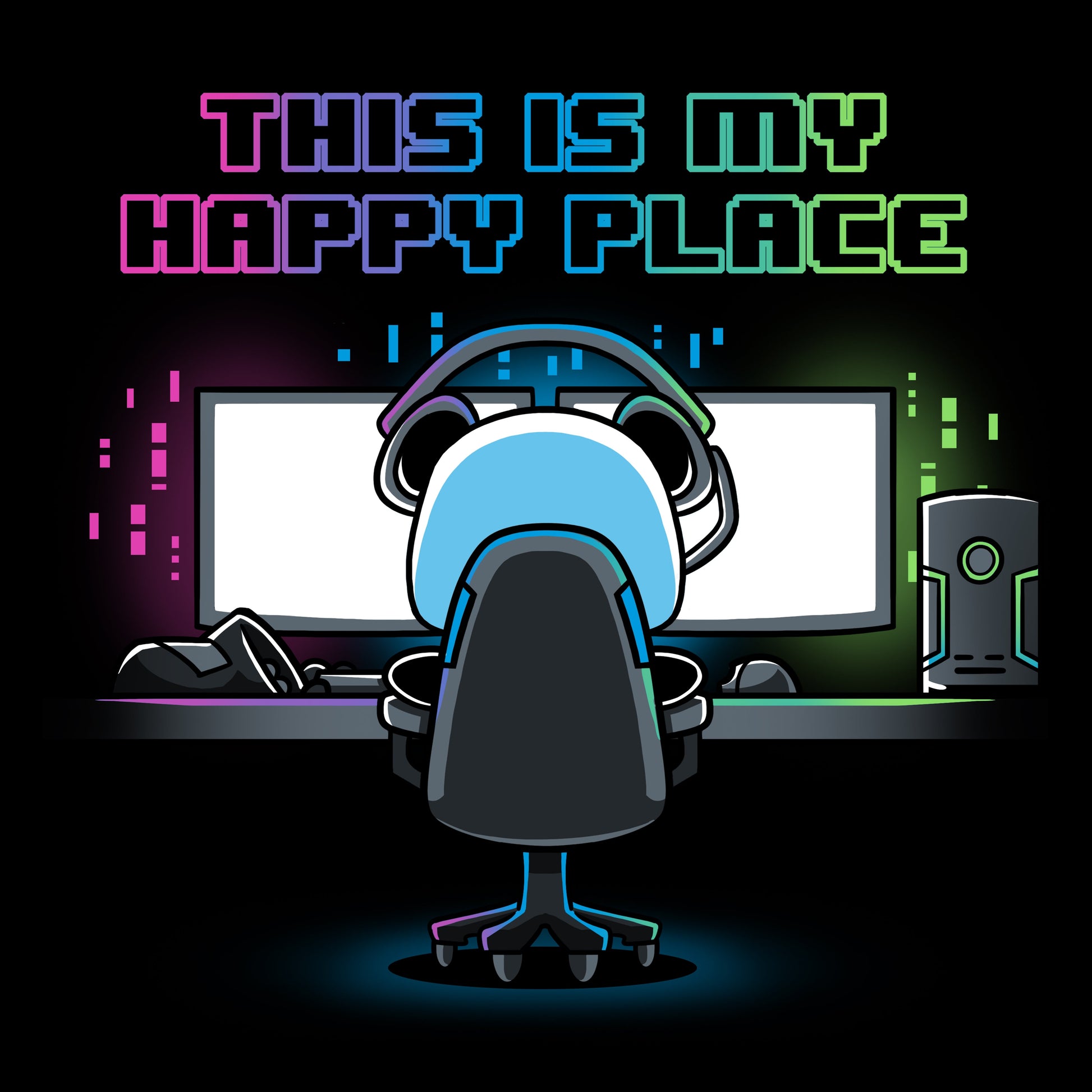 Premium Cotton T-shirt_Illustration of a person sitting at a computer desk with multiple monitors, wearing a headset and a black apparel. Above them, text reads "My Rig is My Happy Place" by monsterdigital in colorful neon letters.