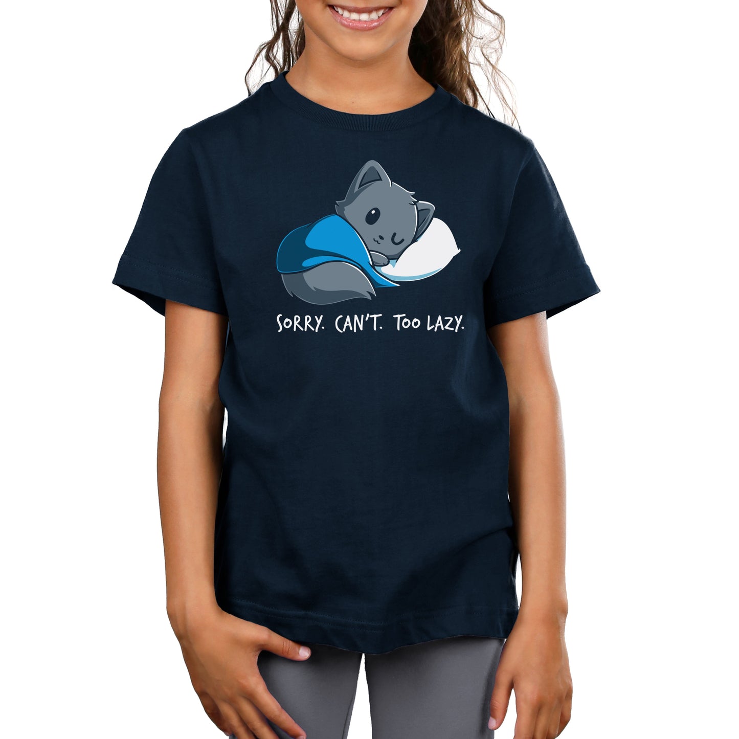 Premium Cotton T-shirt_TeeTurtle navy blue Sorry. Can't. Too Lazy.. Featuring a lazy cat curled up with a blanket and pillow.