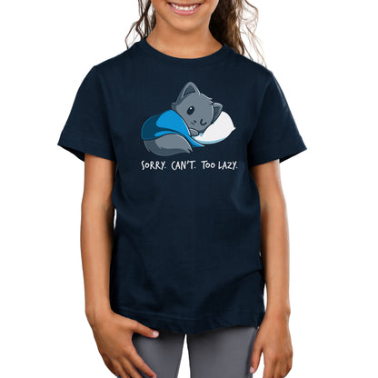 Premium Cotton T-shirt_TeeTurtle navy blue Sorry. Can't. Too Lazy.. Featuring a lazy cat curled up with a blanket and pillow.