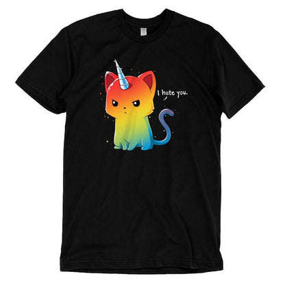 Premium Cotton T-shirt_TeeTurtle black The Magical Kittencorn. Featuring an angry rainbow kittencorn saying, "I hate you.".